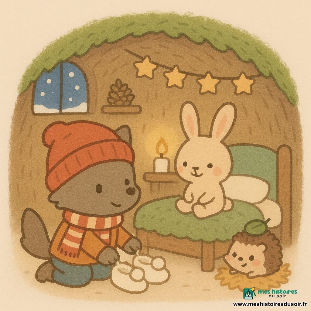 Loupiot, petit loup aux traits doux coiffé d’un bonnet rouge et d’une écharpe rayée, s’agenouille devant le lit pour poser délicatement des chaussons blancs à pompons ; Pompon, petit lapin beige aux longues oreilles, sourit depuis le bord du lit recouvert de mousse tandis que Picotin, hérisson minuscule coiffé d’une feuille, se blottit sur une botte de paille en regardant la scène avec des yeux pétillants. La cabane est chaleureuse — murs de brindilles et mousse, étagère décorée, bougie diffusant une lumière jaune douce — et la scène nocturne cosy de Noël montre de la neige par la fenêtre et des couleurs chaudes contrastant avec le bleu nuit extérieur.