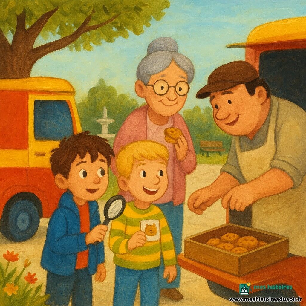 Quatre personnages sur une esplanade ensoleillée : Léo, 5 ans, cheveux bruns en bataille, petit manteau bleu, tenant une loupe et montrant vers un camion à biscuits à gauche ; Tom, 5 ans, cheveux blonds courts, pull rayé jaune et vert, tenant un badge plastifié avec un dessin de chat, à droite de Léo et regardant Mamie Claire ; Mamie Claire, environ 70 ans, cheveux gris en chignon, lunettes rondes, gilet rose clair, souriant et tenant un biscuit partagé ; le vendeur du camion, homme d’âge moyen, rondouillard, casquette brune et tablier beige taché de farine, penché vers la boîte ouverte du camion pour récupérer le badge. Le décor : un grand chêne à gauche, dalles claires, fontaine basse en arrière-plan, petit camion rouge et jaune garé près du chêne avec une boîte à biscuits ouverte, fleurs sauvages et bancs en bois, ciel bleu pâle, ombres chaleureuses et textures gouache visibles. La scène : les deux petits enquêteurs montrent le badge retrouvé au vendeur pendant que Mamie Claire récupère son biscuit partagé ; atmosphère douce et joyeuse, sourires, gestes calmes et miettes scintillantes.