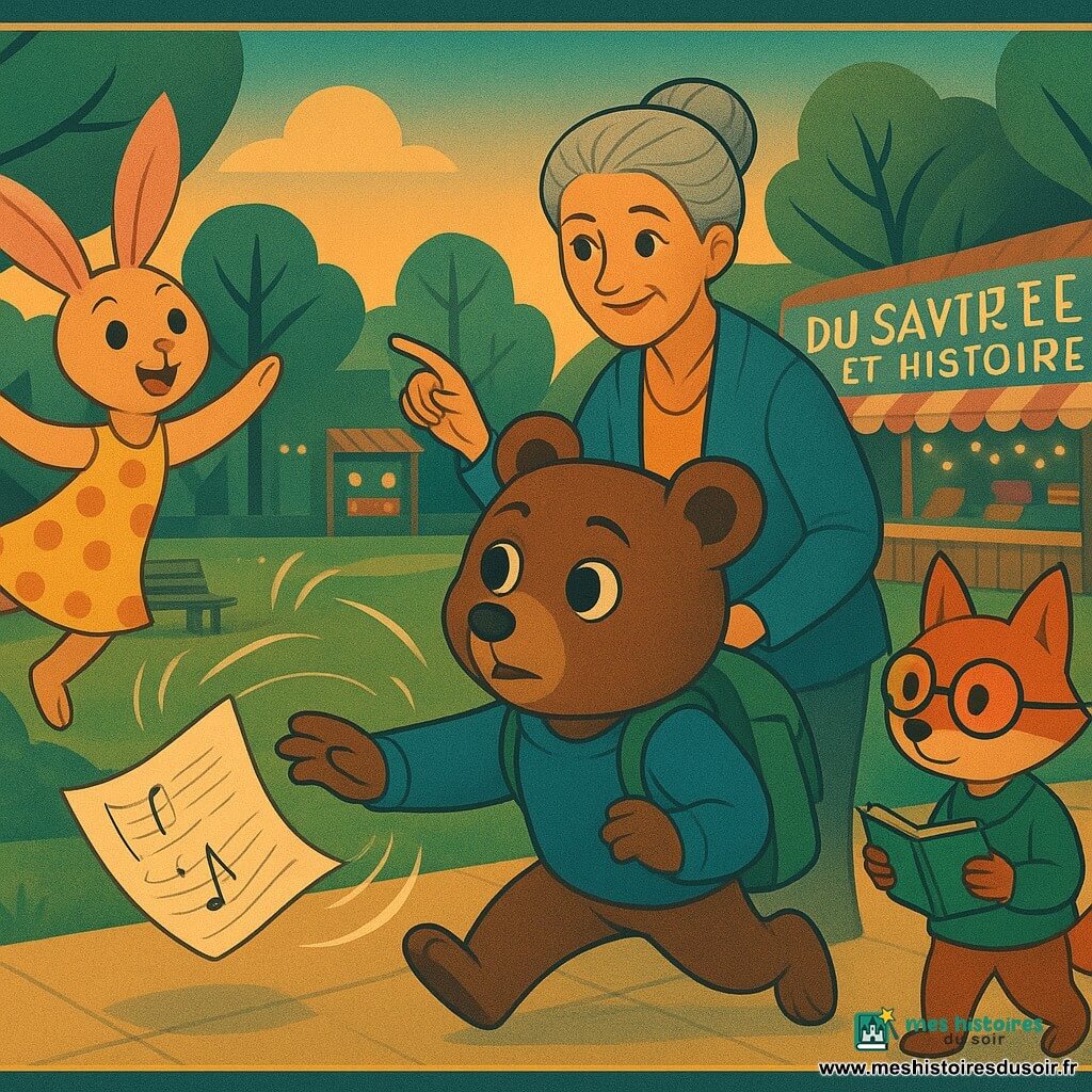 Nino, un ours anthropomorphe de 12 ans au pelage brun et aux yeux inquiets, en sweat bleu et sac à dos vert tend la patte pour attraper une feuille volante ; derrière lui, Mme Lila, professeure humaine quarantaine, cheveux gris en chignon, souriante, lui montre la direction ; à gauche une camarade lapine aux grandes oreilles roses en robe jaune à pois saute pour aider, à droite un petit renard roux aux lunettes tient un carnet et observe la feuille ; arrière-plan : parc crépusculaire avec pelouse, arbres géométriques, bancs et stands du "Marché des Saveurs et des Histoires" éclairés par guirlandes ; feuille blanche griffonnée tourbillonnante au centre, palette chaude et pastel (miel, bleu ciel, vert émeraude, jaune), textures visibles, composition centrée, ambiance d’aventure douce et ouverture à la diversité, style art déco aux formes géométriques nettes et motifs répétitifs discrets.