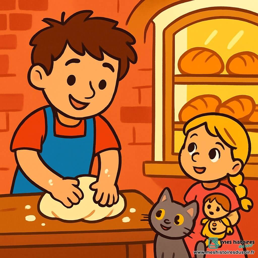 Un jeune homme nommé Lucas, avec des cheveux bruns en désordre et un sourire chaleureux, porte un tablier bleu et pétrit de la pâte à pain sur une table en bois, les mains couvertes de farine. À côté de lui, une petite fille, Emma, âgée d'environ 6 ans, avec des cheveux blonds tressés et une robe rose, regarde émerveillée la vitrine de la boulangerie, tenant sa poupée. Un petit chat gris se frotte contre les jambes de Lucas. La boulangerie, avec des murs en briques rouges et de grandes fenêtres laissant entrer la lumière dorée du matin, expose des pains ronds et des croissants dorés, créant une ambiance accueillante. Lucas façonne la pâte tandis qu'Emma admire les créations, les yeux pétillants de joie.