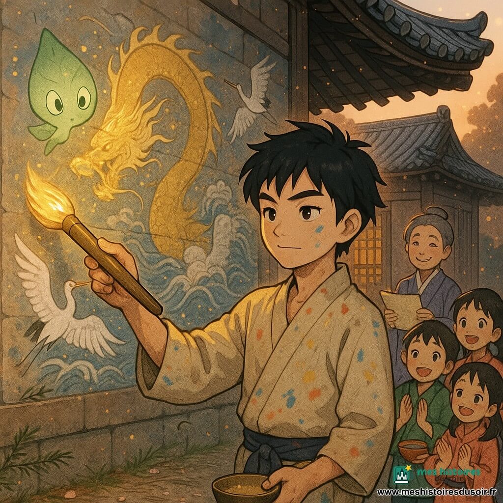Hiroto, jeune homme au visage serein et déterminé, cheveux noirs courts, kimono beige taché, pose la dernière touche d’or sur la fresque du Pavillon du Vent tandis qu’une prêtresse d’environ 60 ans, cheveux gris en chignon, robe blanche et violette, sourit en tenant un parchemin derrière lui; une petite esprit du vent translucide, en forme de feuille verte pâle avec yeux comme des gouttes de rosée, vole près du mur peint; un groupe d’enfants (6–10 ans) en robes colorées tient bols et pinceaux, regardant émerveillés; le pavillon en bois sombre au toit courbé et mur de pierre porte une fresque partiellement restaurée montrant un dragon d’écume doré et des grues blanches, lanternes en papier, brindilles de pin et pétales de cerisier au sol; scène au crépuscule avec lumière orangée, étincelles de poussière et gouttes d’eau reflétant la lueur, ambiance calme et solennelle axée sur la réparation collective de la fresque, gestes précis et chants lointains.