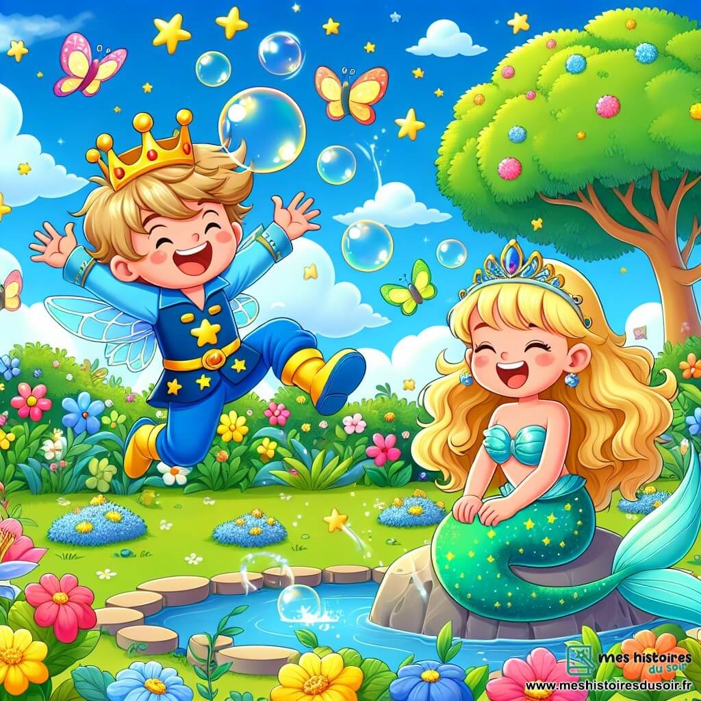 Un petit prince joyeux d'environ 7 ans, avec des cheveux blonds en bataille et une couronne dorée de travers, saute dans un jardin fleuri. Il porte un costume bleu vif avec des étoiles dorées et un grand sourire. À côté de lui, une sirène pétillante d'environ 6 ans, avec de longs cheveux ondulés et une queue scintillante turquoise, éclate de rire en faisant des bulles de savon, assise sur une pierre au bord d'un étang. Le jardin est rempli de fleurs éclatantes, de papillons et d'un ciel bleu avec des nuages blancs. Au centre, un grand arbre offre de l'ombre. Le petit prince essaie d'attraper une bulle de savon qui s'envole, tandis que la sirène l'encourage en riant, créant une ambiance magique et joyeuse.