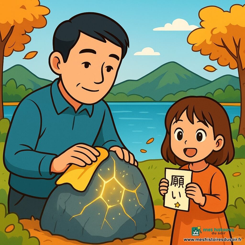 Haru, un homme d'âge moyen aux cheveux noirs et aux yeux doux, se tient devant un rocher brillant au bord d'un lac. Son visage exprime sérénité et détermination, tandis qu'il frotte délicatement le rocher avec un chiffon doré, révélant des fissures scintillantes. Près de lui, une fillette de sept ans, aux cheveux châtains et aux yeux pétillants, observe avec émerveillement, tenant un petit morceau de papier sur lequel elle a écrit son vœu. Le paysage est enchanteur : le lac miroite sous un ciel bleu clair, entouré de montagnes verdoyantes, et des arbres aux feuilles dorées dansent au gré du vent. Haru et la fillette se trouvent sur l'île, où l'atmosphère est paisible et magique, alors qu'ils se préparent à faire un vœu au rocher des vœux.