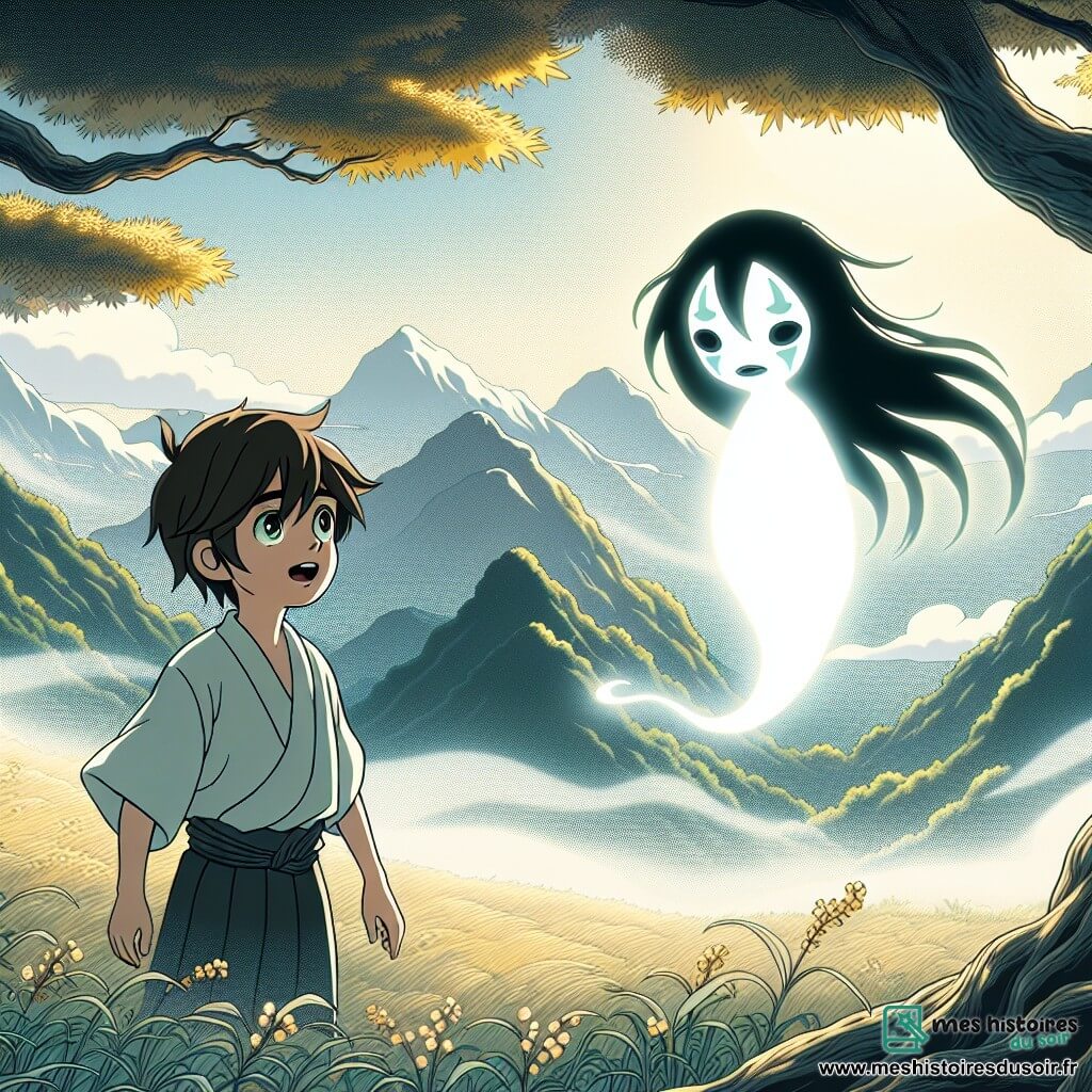 Haruki, un garçon de onze ans aux yeux pétillants et aux cheveux noirs en bataille, se tient au sommet de la montagne Yurei, déterminé et émerveillé face à un esprit lumineux, le Yurei, qui flotte devant lui. Ce dernier, une silhouette éthérée aux longs cheveux noirs et au visage mélancolique, semble apaisé, ses yeux brillants de sagesse. Le paysage est spectaculaire, avec des montagnes majestueuses enveloppées de brouillard et des arbres séculaires aux feuilles dorées dansant au vent. Dans cette clairière baignée d'une douce lumière, Haruki raconte une histoire avec passion au Yurei, cherchant à apaiser son cœur en partageant des récits de joie et de sagesse, tandis que le vent murmure autour d'eux, écoutant chaque mot.