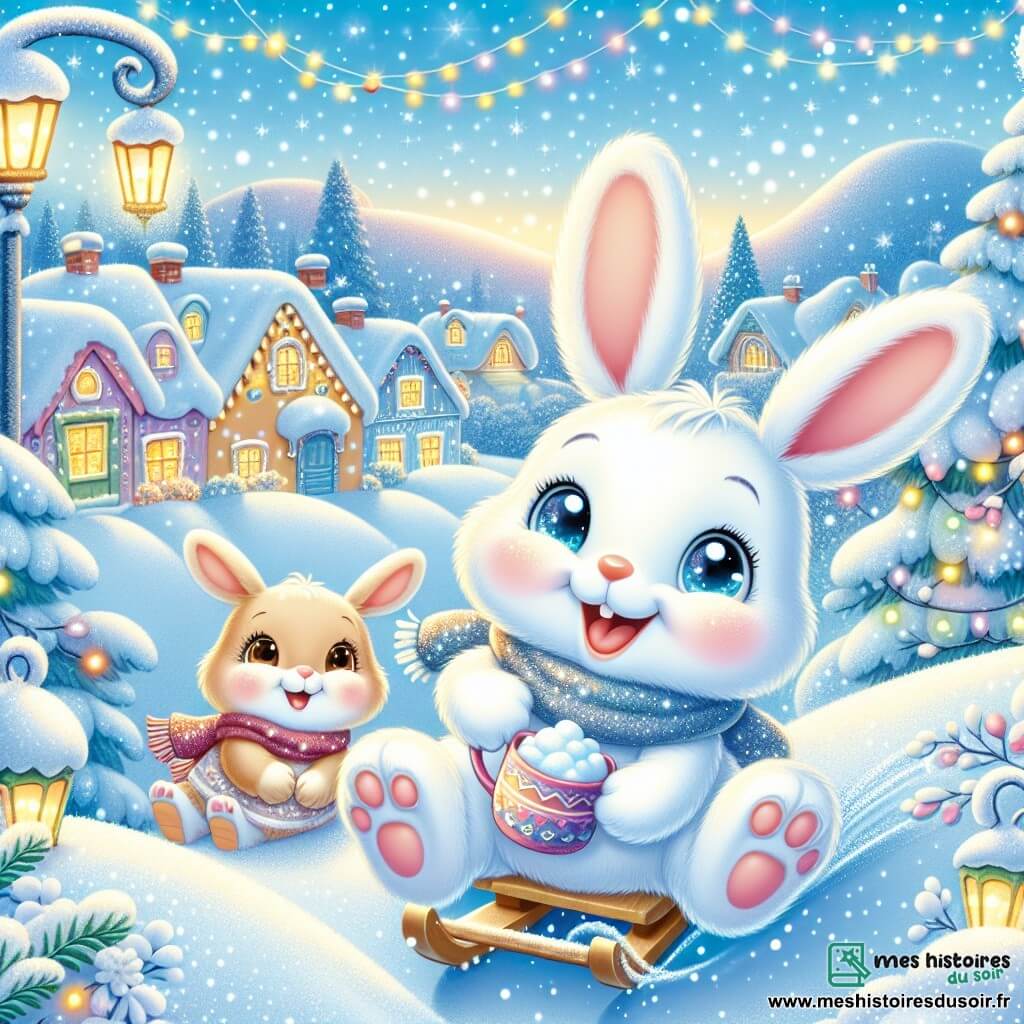 Un petit lapin nommé Léo, aux grandes oreilles et au pelage blanc, glisse joyeusement sur une colline enneigée, avec un grand sourire et des yeux pétillants d'excitation. Sa maman, une lapine au pelage brun clair, l'encourage en tenant une tasse de chocolat chaud. Le décor est un village hivernal charmant, avec des maisons colorées sous la neige et des guirlandes lumineuses. La scène illustre la magie de l'hiver, pleine de rires et de joie.