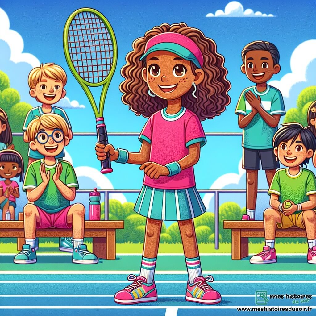 Élise, 12 ans, a des cheveux châtains bouclés et des yeux déterminés. Elle porte un t-shirt rose et un short bleu, tenant sa raquette de tennis avec un sourire confiant. À ses côtés, Léo, 12 ans, blond et portant des lunettes, applaudit en maillot de sport vert. Fatima, 11 ans, avec des cheveux longs et noirs, sourit en tenant une bouteille d'eau derrière Élise. La scène se déroule sur un court de tennis en plein air, entouré de verdure, avec des spectateurs sur des bancs en bois sous un ciel bleu. Élise se prépare à servir, ressentant la tension et l'excitation de ce match important.