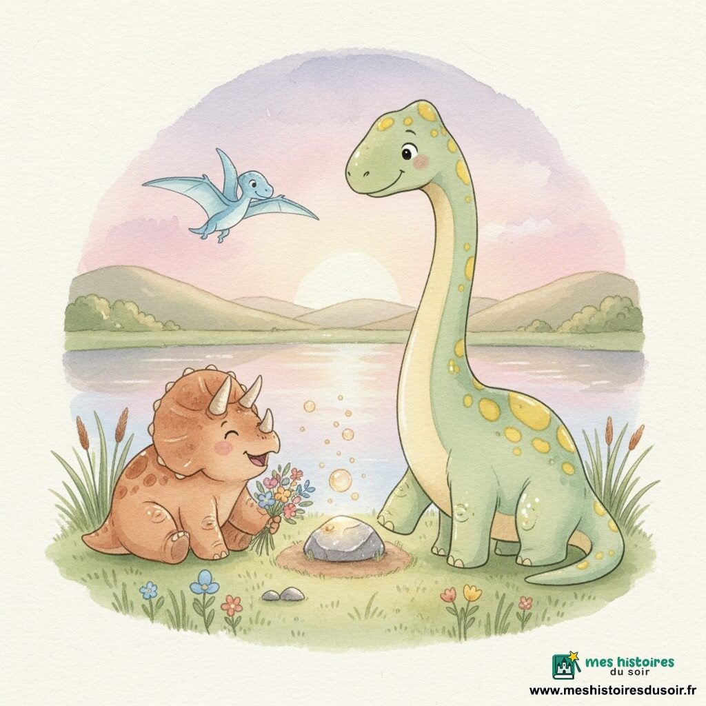Un grand diplodocus tendre et souriant, peau vert pâle à taches jaunes, long cou courbé, yeux ronds, pose sa patte près d'une pierre brillante au bord d'un petit lac; un tricératops rond et joyeux, cuir terre cuite et cornes courtes, assis à gauche du diplodocus, sent des fleurs; un ptérosaure gracieux aux ailes bleu ciel plane bas au-dessus de l'eau, projetant une ombre légère; le décor est une vallée douce au crépuscule avec herbe mousseuse, fleurs colorées, collines arrondies et un lac miroir reflétant un ciel rose et violet; au centre, une pierre magique sur la berge émet de petites lueurs dorées et bulles lumineuses; scène circulaire, lumière douce, atmosphère calme et amicale où les dinosaures se réunissent autour de la pierre.