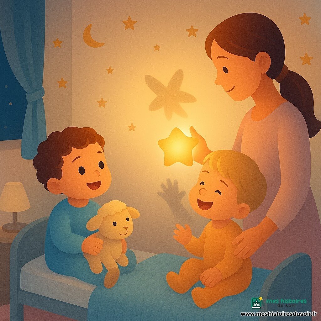 Trois personnages dans une chambre d'enfant ronde et intime : Luce, garçon d'un an aux cheveux bouclés châtains, assis à gauche du lit avec son doudou mouton beige, Milo, garçon d'un an aux cheveux blonds lisses, assis à droite du lit et tourné vers Luce en riant en projetant une ombre papillon, et la maman d'environ 30 ans, cheveux longs attachés, debout derrière le lit tenant une veilleuse étoile qui diffuse une lumière orange chaude; décor crème avec stickers étoiles et lunes dorées, couverture tricot bleu clair, tapis rose pâle, fenêtre avec rideau laissant filtrer la nuit; scène de coucher calme, textures douces, contrastes chaud-froid, expressions rassurées et complices.