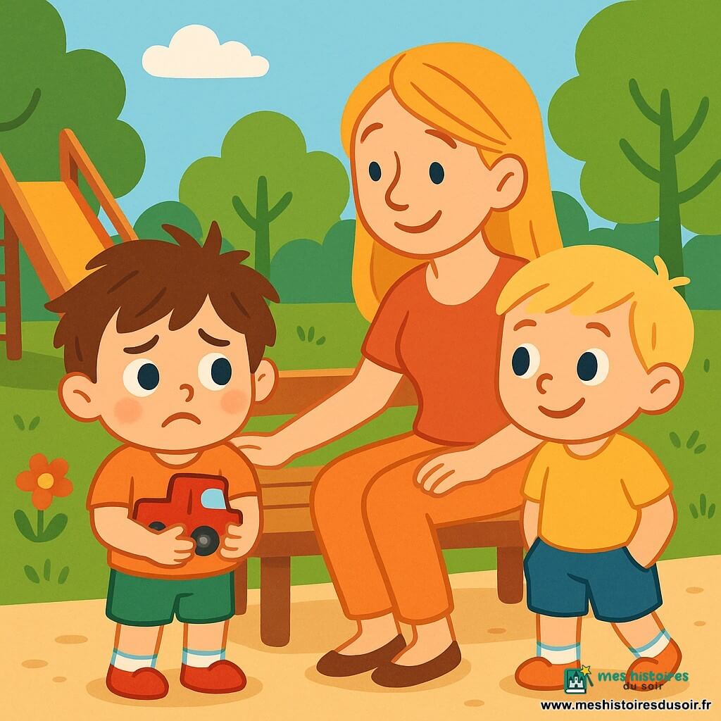 Léo, un petit garçon de 2 ans aux cheveux bruns en bataille et aux grands yeux ronds, exprime la peur tout en serrant son camion rouge contre lui. Sa maman, souriante et blonde, assise sur un banc en bois, le regarde avec douceur. Max, un garçon de 3 ans aux cheveux blonds, s'approche timidement de Léo. La scène se déroule dans une cour de récréation ensoleillée, entourée d'arbres et de fleurs, avec des jeux en bois en arrière-plan. Léo, effrayé par l'approche de Max, trouve du réconfort dans l'amour de sa maman.