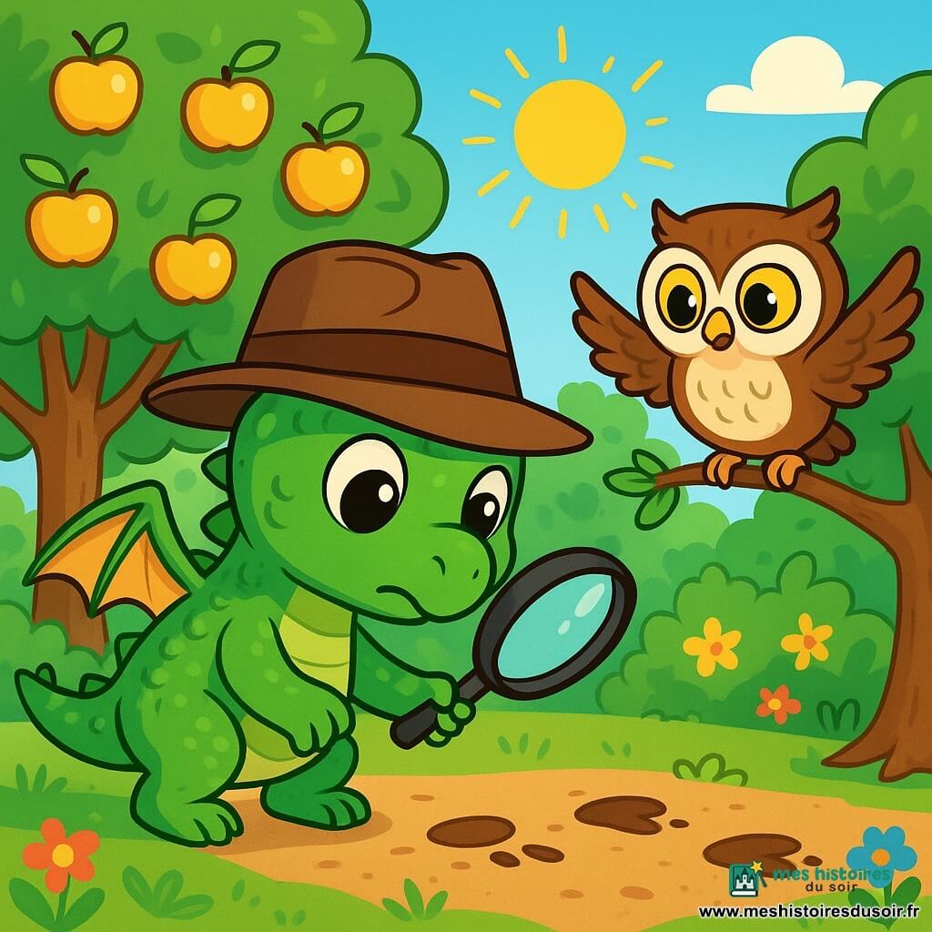 Kiwi, un petit dragon aux écailles vertes brillantes, porte un grand chapeau de détective qui cache ses yeux curieux. Il examine des empreintes de pas dans la terre, concentré. À ses côtés, Pomme, une chouette aux plumes marron et blanches, bat des ailes avec excitation, observant son ami depuis une branche. Le verger est rempli d'arbres aux pommes dorées et de fleurs colorées, sous un soleil radieux. Kiwi et Pomme enquêtent sur la mystérieuse disparition des pommes dorées, dans une atmosphère joyeuse.