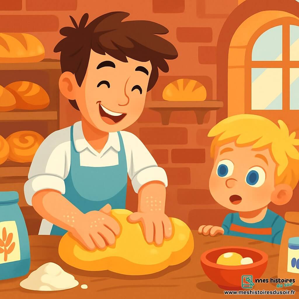 Un jeune homme, Lucas, souriant et enthousiaste, est debout dans sa boulangerie, pétrissant une pâte dorée. À côté de lui, un petit garçon, Oscar, âgé d'environ 7 ans, observe avec émerveillement. La boulangerie est chaleureuse, avec des murs en briques rouges et des étagères remplies de pains et de brioches. La scène montre Lucas expliquant à Oscar comment faire du pain, créant une atmosphère joyeuse et magique.