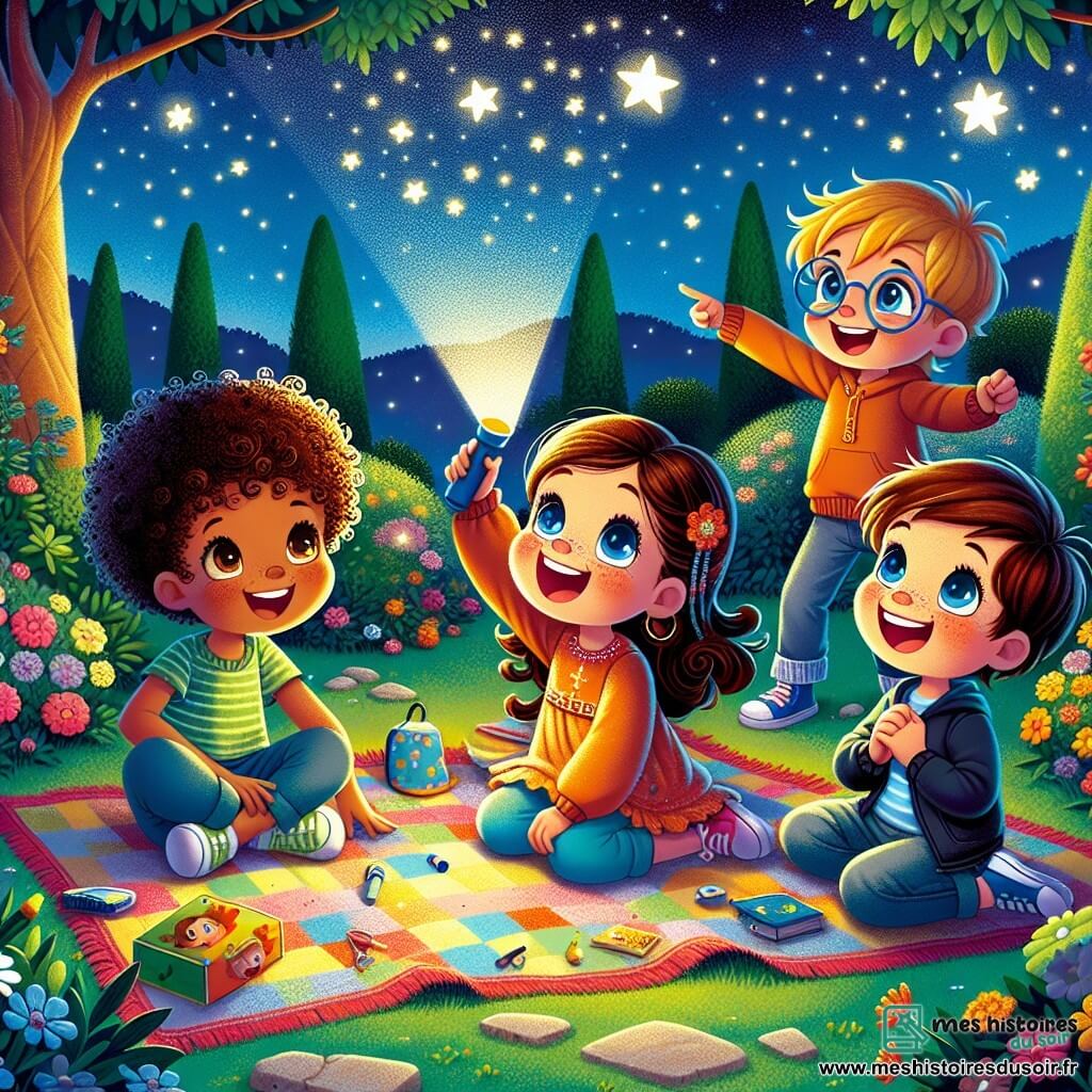 Dans un jardin nocturne, quatre enfants sont réunis sous un ciel étoilé. Léo, 8 ans, est assis sur une couverture colorée, émerveillé par le ciel. À sa gauche, Clara, 7 ans, pointe une étoile brillante avec joie. À droite, Yasmine, 8 ans, rit en faisant des gestes amusants avec sa lampe de poche, créant des ombres. Maxime, 9 ans, se tient debout, prêt à jouer avec la lampe de poche. Le jardin est rempli de fleurs colorées et entouré d'arbres, créant une atmosphère magique. Les enfants jouent ensemble, riant et dansant avec leurs ombres, découvrant la beauté de la nuit.