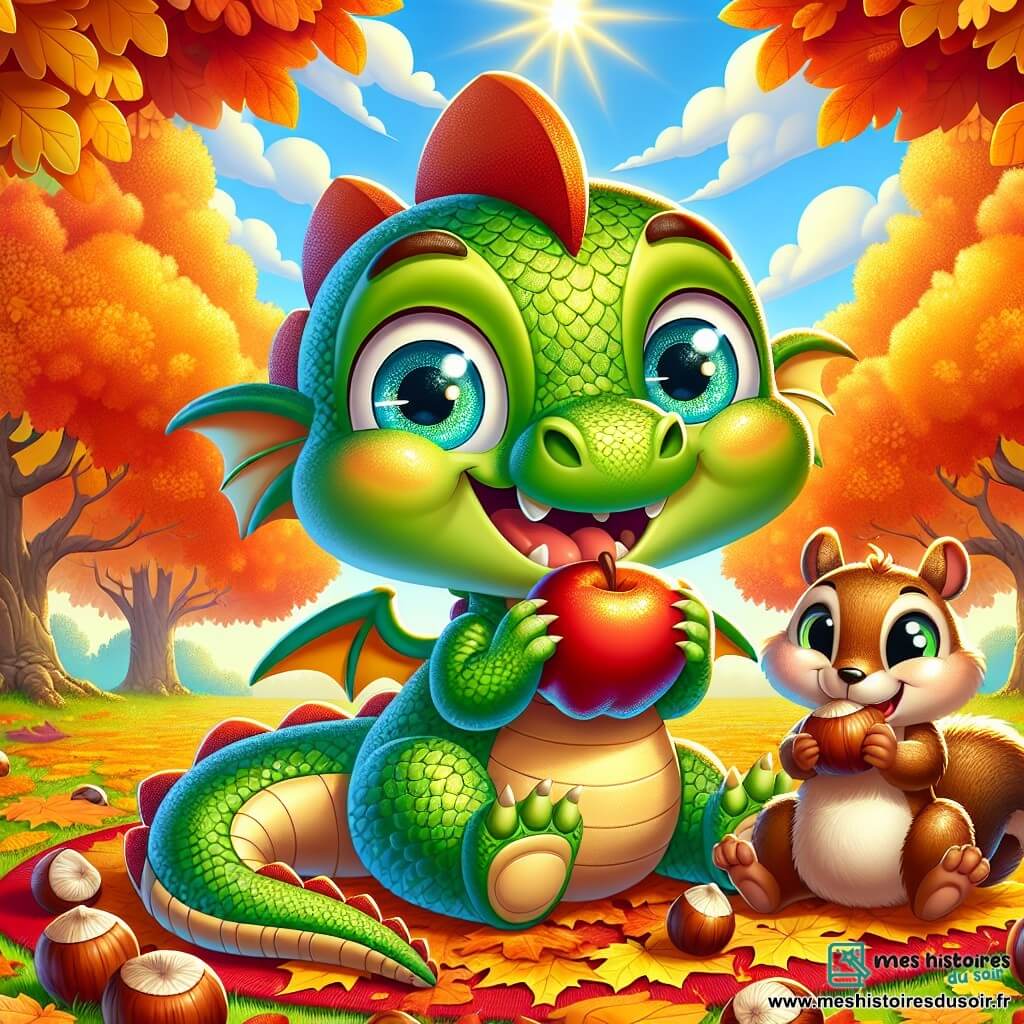 Un petit dragon nommé Flamme, avec des écailles vertes brillantes et des yeux pétillants, est assis sur un tapis de feuilles rouges et dorées. Il sourit en croquant dans une pomme juteuse. À côté de lui, Noisette, un écureuil aux poils bruns, ramasse des noix avec enthousiasme. Le décor est un parc automnal, rempli d'arbres majestueux aux feuilles flamboyantes, sous un ciel bleu clair avec des nuages blancs. Des rayons de soleil illuminent la scène d'une douce lumière dorée. Flamme et Noisette partagent un goûter d'automne, savourant la beauté de la saison en riant et en discutant.