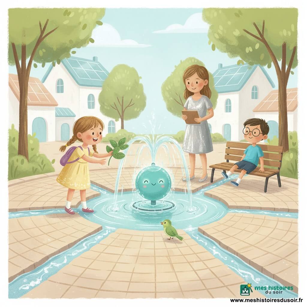 Lina, 6 ans, joyeuse et concentrée, cheveux châtain clair en deux nattes, robe jaune légère et petit sac à dos, tend une feuille de menthe à un oiseau vert posé au bord d’une fontaine; Milo, 6 ans, curieux et souriant, lunettes rondes et tee-shirt bleu, est assis sur un banc proche, les jambes balançant, observant; une femme d’environ 35–40 ans en robe argentée tient une tablette en bois derrière la fontaine, bienveillante; au centre de la fontaine, une petite machine turquoise ronde sur socle de verre, aux yeux lumineux clignotants et sourire dessiné, rayonne tandis que l’eau jaillit en anneaux argentés; lieu : place circulaire pavée avec canaux d’eau claire, bancs, arbres et maisons blanches aux toits solaires; ambiance douce aux couleurs pastels, traits gouache, textures de pinceau et reflets chatoyants sur l’eau — Lina aide l’oiseau à retrouver sa chanson.