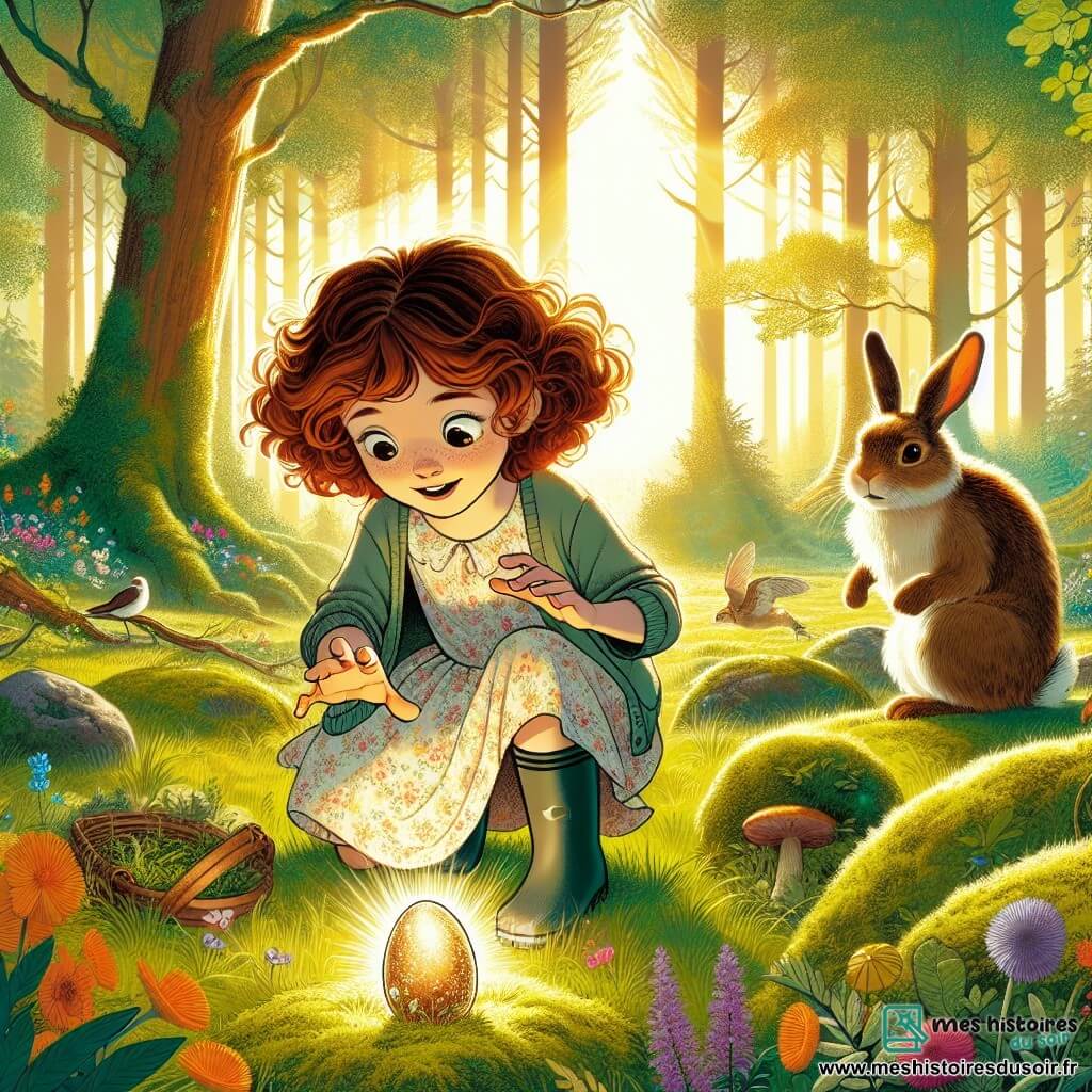 Au centre de l'image, une fille de 12 ans, Louise, aux cheveux châtains bouclés et aux yeux curieux, est accroupie dans une clairière ensoleillée. Elle porte une robe à fleurs et des bottes en caoutchouc, son visage rayonne d'excitation en découvrant un œuf de Pâques coloré sur un lit de mousse. À côté d'elle, un petit lapin espiègle, avec un pelage doux, l'observe attentivement, prêt à l'aider. La clairière est entourée d'arbres majestueux et de fleurs sauvages, tandis que des rayons de soleil filtrent à travers les branches, créant une atmosphère magique. Louise touche délicatement l'œuf, émerveillée, tandis que le lapin l'encourage, capturant l'esprit de l'aventure de Pâques.