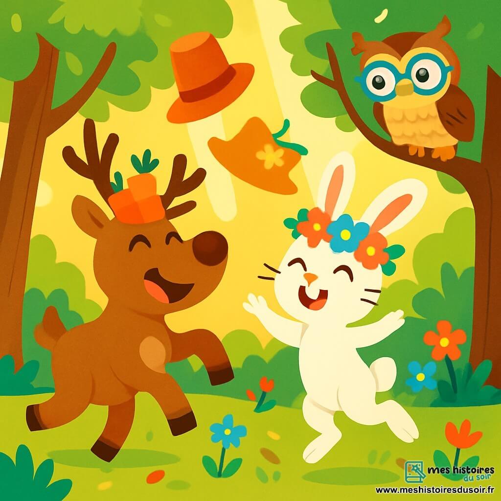 Un renne joyeux nommé Riri, avec un pelage brun et des bois majestueux, porte un chapeau en carottes. Il rit aux éclats, les yeux pétillants. À côté de lui, Léa, la lapine aux grandes oreilles, est pleine d'énergie, avec un pelage blanc et un chapeau en fleurs multicolores, sautant de joie. Tito, le hibou sage avec des plumes marron et des lunettes rondes, est perché sur une branche, observant la scène avec un sourire. La forêt est lumineuse et verdoyante, avec des arbres aux feuilles brillantes et des fleurs colorées dansant dans le vent. Riri et ses amis participent à une course de chapeaux, créant une scène joyeuse pleine de rires.