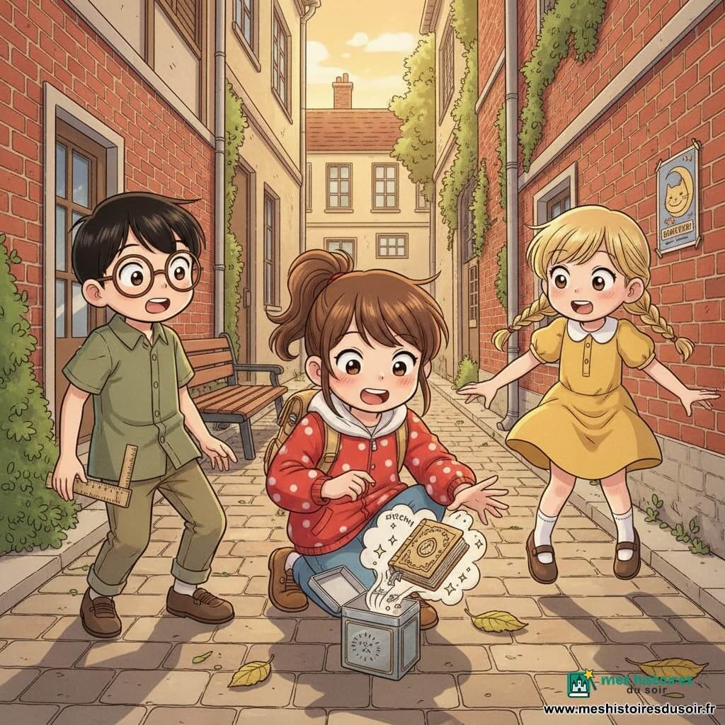 Trois enfants dans une ruelle pavée aux murs de briques couverts de lierre et à la lumière dorée du soir : Mina, 7 ans 3/4, cheveux bruns en couettes, veste rouge à pois blancs et sac à dos cliquetant sur une épaule, accroupie au centre, main tendue vers une petite boîte métallique ouverte qui éternue; Sami, 7 ans, cheveux courts noirs et lunettes rondes, tenue kaki avec une règle en poche, reculé d’un pas, regard surpris; Zoé, presque 7 ans, tresse blonde et robe jaune, sautillant à droite, pieds en l’air et regard curieux. De la boîte argentée s’échappe un nuage d’“atchoum” dessiné et un petit grimoire parcheminé flotte doucement ; les trois enfants l’observent avec étonnement et amusement, style manga enfantin, couleurs vives et ambiance fantasy humoristique.