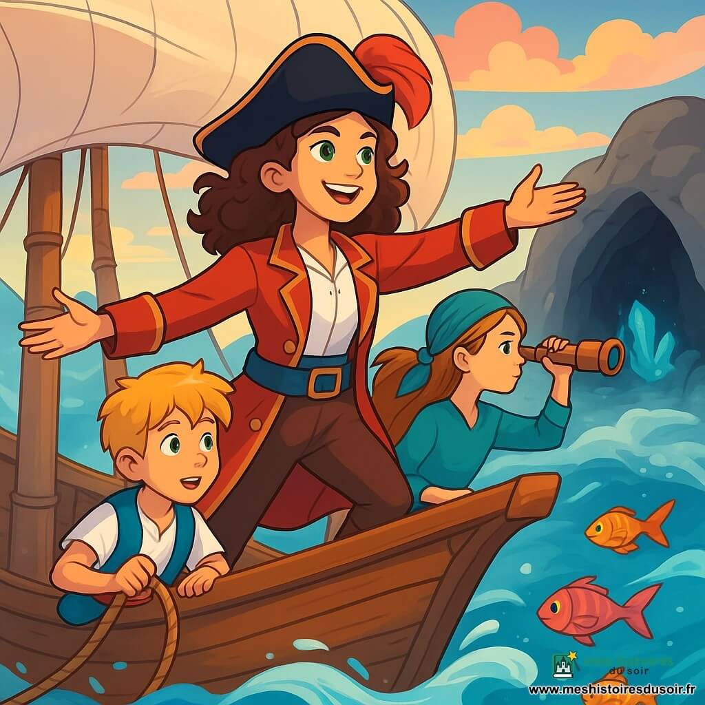 Au centre de l'image, la Capitaine Maëlle, une femme aux cheveux châtains bouclés portant un tricorne noir avec une plume rouge, sourit avec détermination. Elle se tient fièrement à la proue du Vent-Rusé, les bras écartés, prête pour l'aventure. À ses côtés, Sylvio, un jeune mousse de 10 ans aux cheveux blonds en bataille, tient une corde, tandis que Tara, la vigie de 12 ans, observe l'horizon avec des jumelles. Le Vent-Rusé navigue sur un océan bleu, entouré de brume argentée, en direction d'une caverne mystérieuse aux cristaux scintillants. Le ciel est parsemé de nuages roses et dorés, annonçant une aventure palpitante. La scène montre Maëlle et son équipage découvrant le courant Fidélis, une force magique les entraînant vers l'inconnu, tandis que des poissons colorés dansent autour du navire.