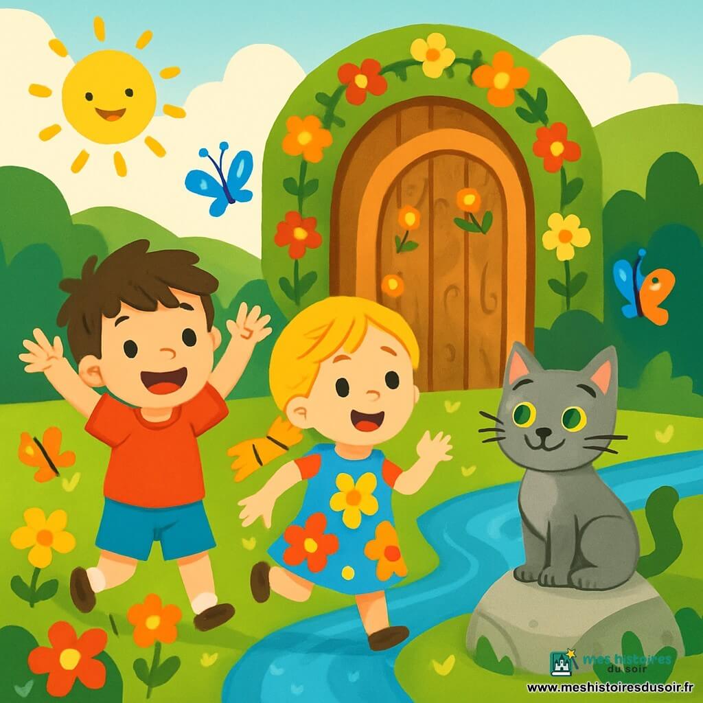 Il y a trois personnages : Léo, un garçon de 6 ans aux cheveux bruns en bataille, vêtu d'un t-shirt rouge et d'un short bleu, souriant avec enthousiasme ; Lila, une fille de 5 ans aux longs cheveux blonds tressés, en robe à fleurs colorées, sautillant joyeusement à ses côtés ; et Moustache, un chat gris aux yeux verts, assis sur une pierre avec une expression amicale. L'action se déroule dans un jardin magique rempli de fleurs multicolores et de papillons, avec une rivière scintillante et une porte en bois ornée de motifs floraux menant à un monde enchanteur. Léo et Lila découvrent la porte magique, émerveillés, prêts à entrer dans ce monde fantastique, encouragés par Moustache.