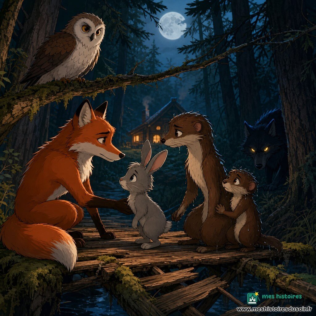 Léo, renard roux au pelage brillant et au regard déterminé, accroupi près d’un vieux pont en bois bancal pour rassurer le petit lapin Mince-Poil, un jeune lapin gris aux grandes oreilles tremblantes qui cherche du courage en regardant Léo ; Zélie, belette aînée brune au visage inquiet mais résolu, tient la main de sa sœur Lunelette, petite belette ébouriffée, mouillée et grelottante, blottie contre elle sur les planches ; Dame Hulotte, chouette blanche et brune perchée sur une branche, observe la scène d’un regard protecteur ; au bord du sous-bois la silhouette du Grand Méchant Loup, pelage noir bleuté et yeux jaunes brillants, reste immobile dans l’ombre ; l’ensemble se déroule sur un pont craquant au-dessus d’un ruisseau, entouré de troncs de pins, de mousse et d’une brume lunaire, la tension est forte mais non violente, Léo protégeant les plus jeunes tandis que la maison-refuge distante éclaire la scène de ses lumières chaudes en contraste avec les ombres froides autour du Loup.