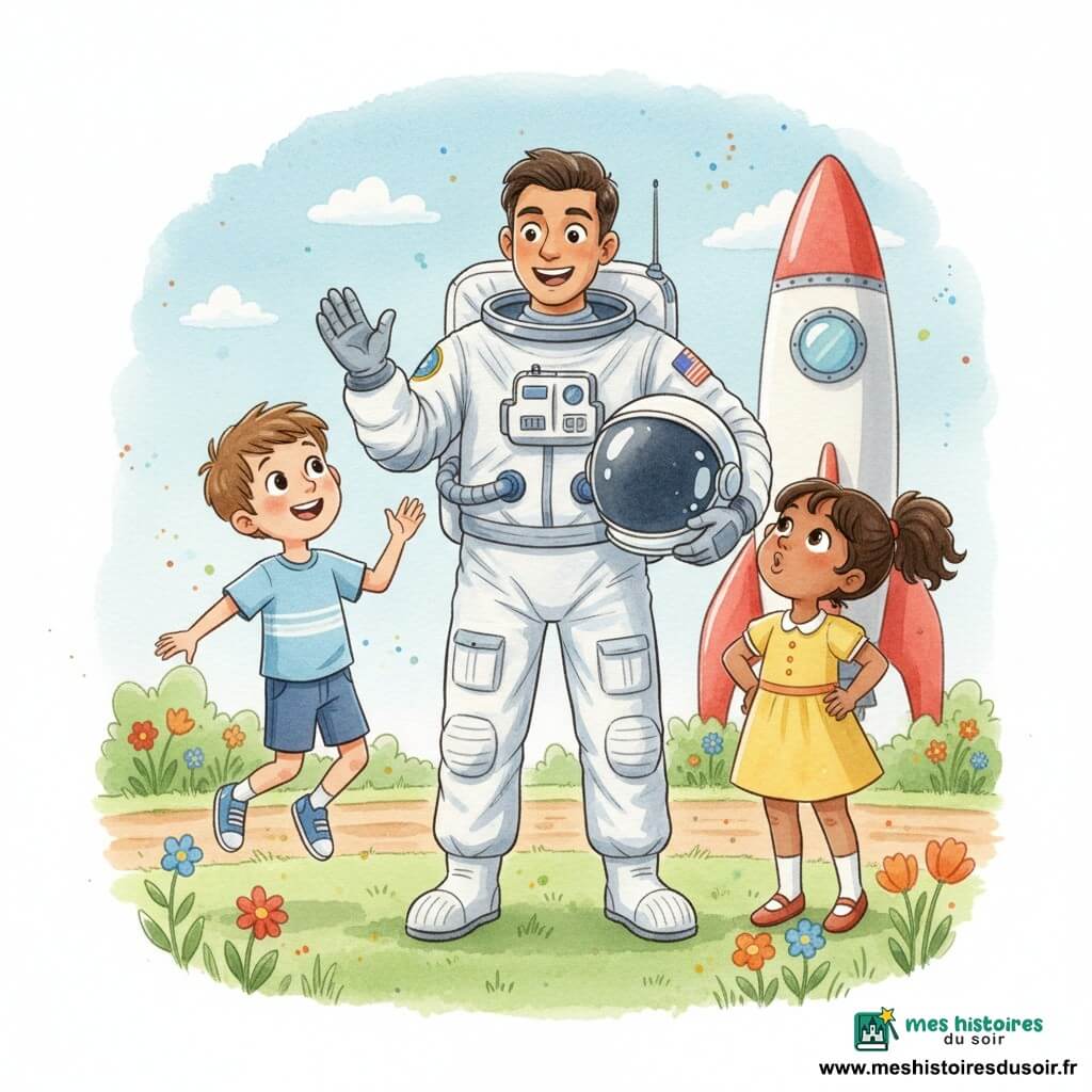 Un astronaute souriant en combinaison spatiale blanche brillante à détails gris et bleus, casque sous le bras, fait signe aux enfants; à gauche Léo, ~6 ans, cheveux châtains courts et yeux curieux, saute d’excitation; à droite Mia, ~5 ans, cheveux bruns en queue de cheval et robe jaune, mains sur les hanches en imitant le bruit d’une fusée; petit parc herbeux au bord d’une piste en terre avec fleurs sauvages, ciel bleu pâle et quelques nuages, grande fusée stylisée rouge et blanche en arrière-plan; rencontre chaleureuse, expressions vivantes, composition lumineuse aux couleurs pastel et effet aquarelle aux bords doux.