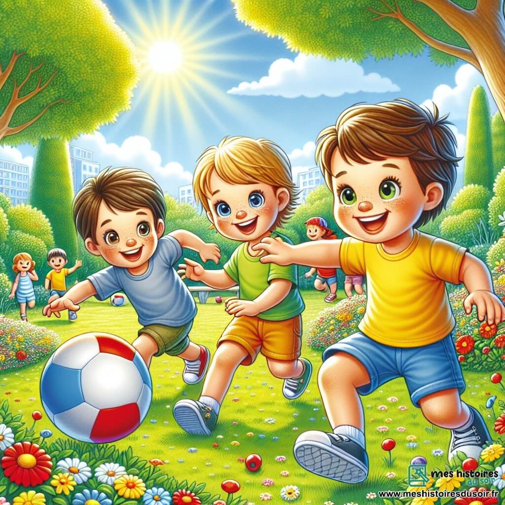 Dans un parc ensoleillé, trois amis s'amusent. Tom, 8 ans, avec des cheveux bruns et des lunettes, tient une balle rouge. À sa droite, Max, 7 ans, blond et en t-shirt jaune, court vers lui. À gauche, Léo, 6 ans, avec des cheveux noirs et un short bleu, s'apprête à attraper la balle. Le parc est rempli d'arbres, sous un ciel bleu clair, avec des fleurs colorées au sol. Ils jouent, rient et créent des souvenirs joyeux d'été.