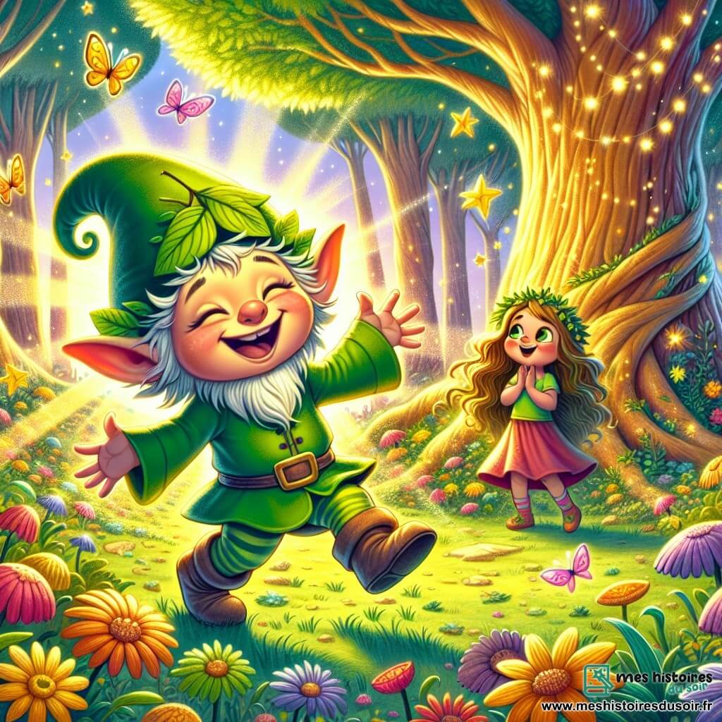 Un lutin espiègle nommé Tiko, avec une peau verte, des oreilles pointues et un petit chapeau en forme de feuille, danse joyeusement dans une clairière ensoleillée, le visage souriant. À ses côtés, Lila, une fillette de huit ans aux longs cheveux bouclés et aux yeux pétillants, l'observe avec émerveillement, les bras levés. La clairière est entourée d'arbres géants aux troncs dorés, leurs feuilles scintillant sous le soleil, et des fleurs colorées tapissent le sol, ajoutant une touche de magie. Tiko et Lila célèbrent leur amitié dans la forêt enchantée, entourés de papillons colorés et d'un doux murmure des arbres, créant une ambiance féerique.