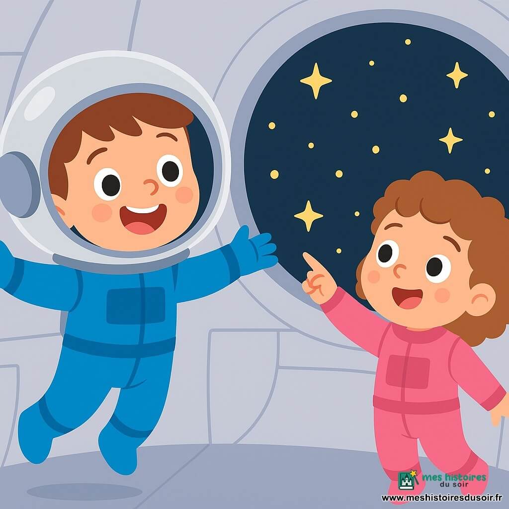 Un jeune garçon nommé Tom, âgé de 7 ans, porte une combinaison spatiale bleue et un casque argenté. Son visage exprime une joie et une curiosité, tandis qu'il flotte dans la cabine de la fusée, les bras ouverts. À côté de lui, une petite fille de 6 ans, avec des cheveux bouclés et une combinaison rose, regarde par le hublot, émerveillée par les étoiles. La scène se déroule dans une fusée futuriste avec des murs en métal argenté et un grand hublot offrant une vue sur l'espace. Tom et son amie flottent joyeusement, prêts à décoller vers les étoiles, leurs visages illuminés par l'excitation d'une nouvelle aventure spatiale.