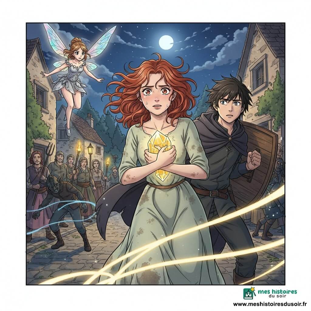 Élise, une jeune femme courageuse aux yeux brillants et humides, robe de lin vert pâle poussiéreuse et cheveux roux bouclés balayés par le vent, tient contre sa poitrine un cristal doré lumineux et s'incline pour protéger le village tandis qu'une onde de lumière émotive jaillit; à sa gauche vole Lysandra, une fée de la taille d'une paume avec ailes translucides iridescentes et robe de pétales argentés, diffusant une douce lueur, et à sa droite Kael, un jeune homme d'environ 18 ans aux cheveux noirs en bataille et manteau sombre, brandit un bouclier de bois, inquiet mais prêt à défendre; en arrière-plan, des villageois armés de fourches et torches forment une ligne devant de vieilles maisons en pierre couvertes de lierre, tandis que des gobelins aux yeux rouges et écailles sombres s'éloignent dans des ombres tourbillonnantes; lieu : petite place pavée aux lampadaires en fer forgé, maisons basses en pierre beige et clairière boisée sombre au bout de la rue sous un ciel nocturne étoilé et une pleine lune; ambiance héroïque et émotive, lumière dorée éclatante contrastant avec les ombres bleues, couleurs saturées, éclairage cinématographique, détails nets et expressions lisibles et bienveillantes pour un public enfantin.