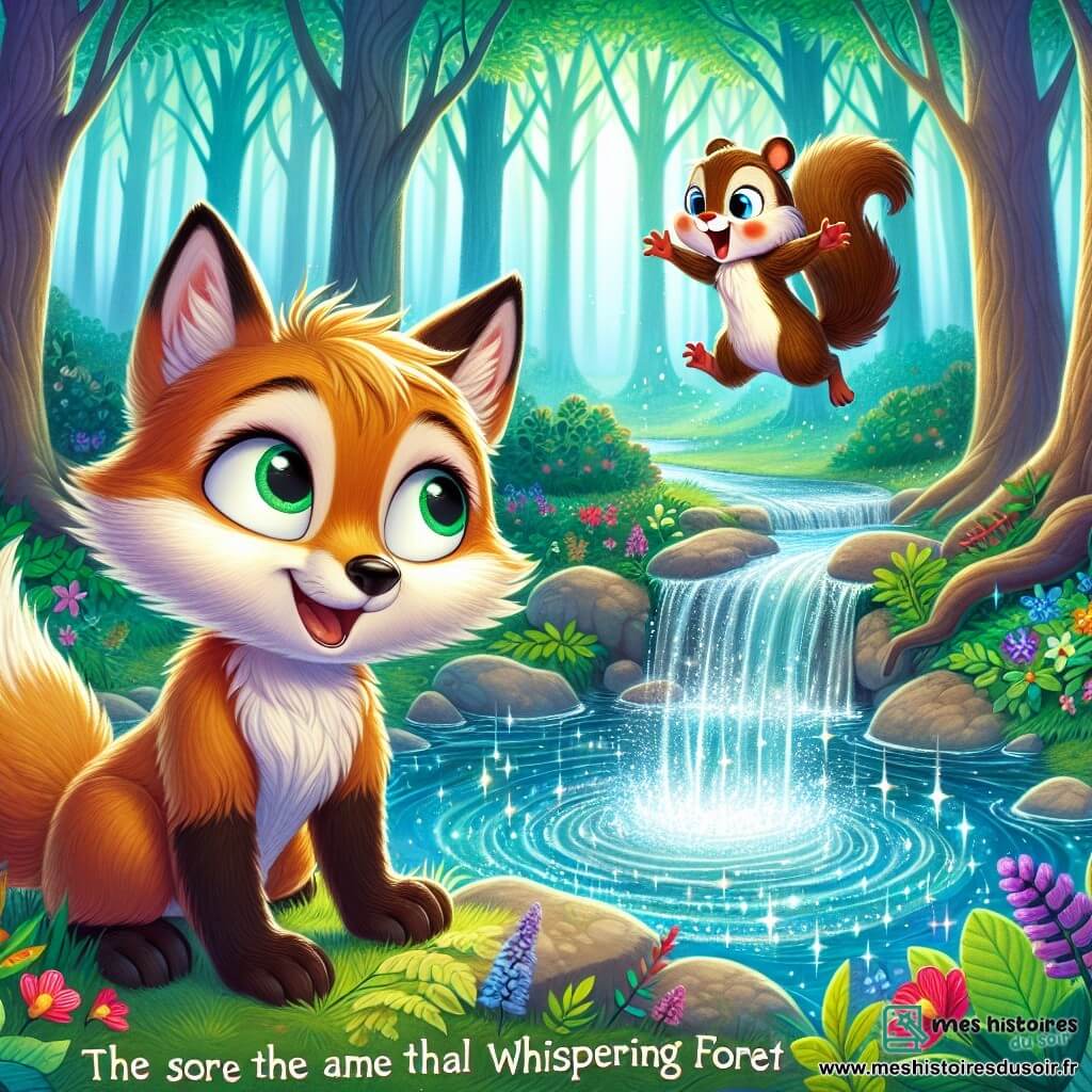 Dans une forêt magique, un petit renard doré nommé Félix se tient au bord d'une source étincelante, exprimant émerveillement et joie. À ses côtés, un petit écureuil brun nommé Élio saute de joie, partageant l'excitation de Félix. La scène se déroule dans la Forêt des Murmures, entourée d'arbres majestueux et de fleurs colorées, avec un arc-en-ciel au-dessus de la cascade. Félix et Élio découvrent la source enchantée, prêts pour une aventure inoubliable.