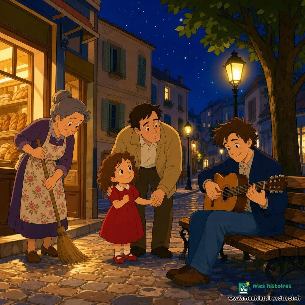 Léo, un homme souriant aux cheveux bruns en bataille et veste bleu marine, est assis sur un banc en bois et joue doucement de la guitare sur ses genoux; une petite fille d'environ cinq ans en robe rouge et cheveux bouclés tient la main de son père, un homme d'environ 35 ans en veste beige qui se penche derrière elle pour l'encourager; Madame Rosa, cinquantaine, cheveux gris attachés et tablier à fleurs, balaie l'entrée de la boulangerie voisine baignée de lumière chaude; la scène se déroule dans une petite rue pavée bordée de tilleuls et de lampadaires jaunes sous un ciel étoilé; répétition nocturne paisible et chaleureuse, mélodie lente, contrastes de lumières chaudes et ombres douces.