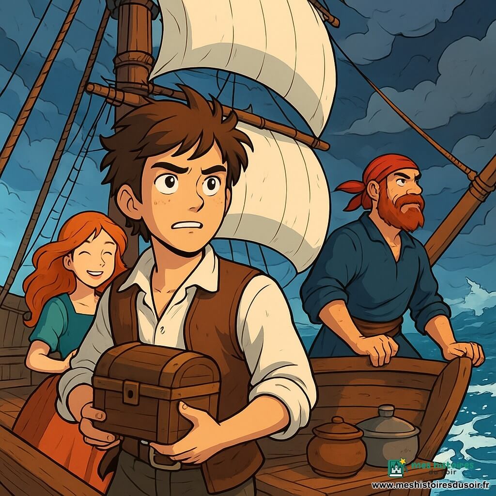Léo, un jeune homme d'environ 20 ans aux cheveux bruns en bataille, se tient sur le pont du bateau pirate "La Frégate Bleue", serrant un petit coffre en bois contre sa poitrine, mêlant fierté et anxiété. À ses côtés, Poppy, 18 ans, aux cheveux roux, prépare des plats avec un sourire, tandis que Barbe-Rouge, un homme d'une trentaine d'années avec une barbe hirsute, scrute l'horizon. Le bateau, avec ses voiles blanches et ses cordages, navigue sur des vagues scintillantes sous un ciel orageux annonçant une tempête. Léo est déterminé à protéger le coffre, tandis que l'équipage se prépare à affronter les dangers de la mer, illustrant leur esprit d'aventure et de camaraderie.