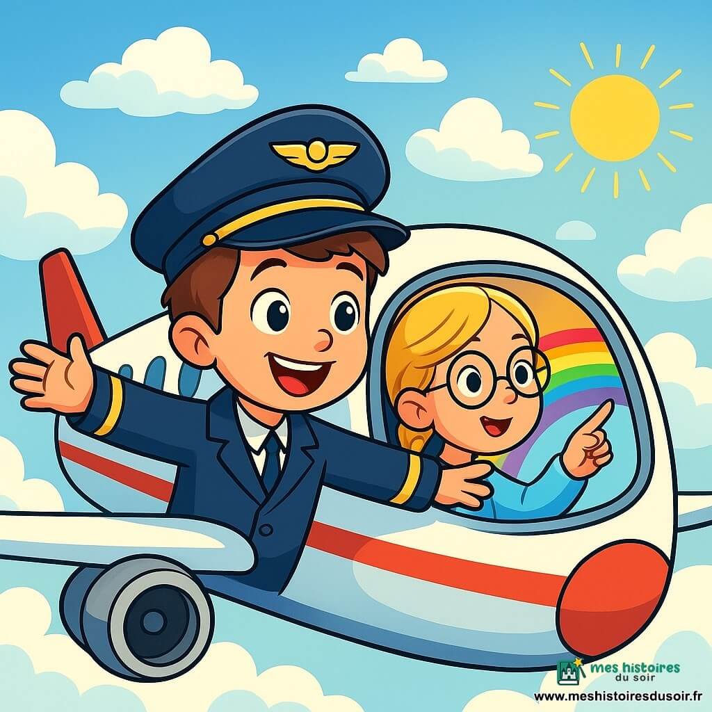 Un jeune pilote, Julien, avec des cheveux châtains et des yeux pétillants, porte une veste bleu nuit et un casque. Il sourit largement, les bras ouverts. À ses côtés, Lucie, une copilote d’environ 10 ans, avec des cheveux blonds en tresse et des lunettes rondes, regarde par le hublot, pointant un arc-en-ciel. L’avion est en plein vol, entouré de nuages doux, tandis que le soleil illumine le cockpit. Julien et Lucie naviguent joyeusement entre les nuages, prêts à offrir un moment magique aux passagers.