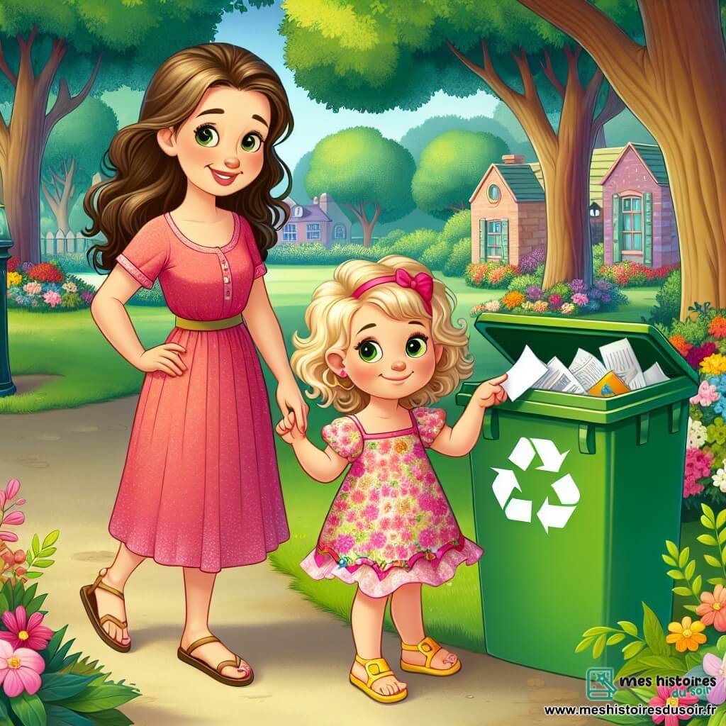 Une petite fille de 4 ans, aux grands yeux brillants et cheveux bouclés, sourit fièrement en tenant un morceau de papier. Elle porte une robe rose à fleurs et des sandales jaunes. À ses côtés, sa maman, une femme d'environ 30 ans avec des cheveux longs et châtains, sourit en montrant une poubelle verte. Elles sont dans un parc verdoyant avec des arbres, des fleurs colorées et une pelouse bien entretenue. La petite fille se penche pour mettre le papier dans la poubelle de recyclage, heureuse de contribuer à la protection de la nature.