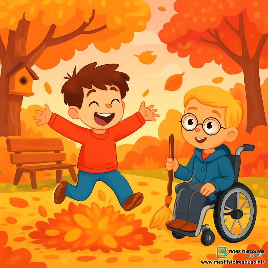 Deux personnages principaux : Lucas, un garçon de 8 ans aux cheveux bruns, portant un pull rouge et un jean, saute joyeusement dans une pile de feuilles dorées. Maxime, également âgé de 8 ans, avec des cheveux blonds et des lunettes rondes, est assis dans un fauteuil roulant, vêtu d'un manteau bleu, tenant un petit balai et regardant Lucas avec un sourire. L'action se déroule dans un jardin enchanteur, avec des arbres aux feuilles colorées et un sol tapissé de feuilles mortes. Lucas s'amuse à sauter dans les feuilles tandis que Maxime l'encourage en balayant autour de lui. L'atmosphère est joyeuse, illustrant l'amitié et la magie de l'automne.