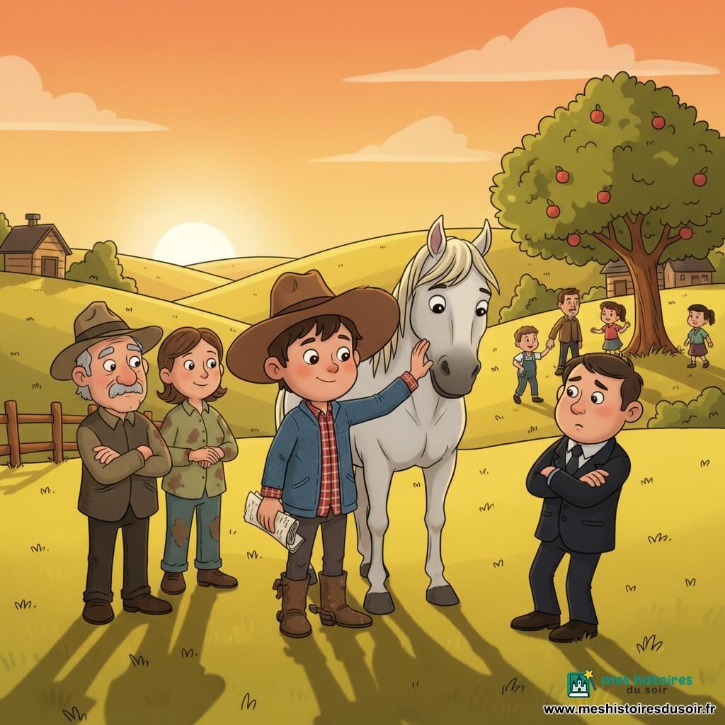 Tom, un garçon de 12–14 ans au visage rond, expression déterminée et douce, grand chapeau brun, veste en denim, chemise à carreaux rouge et bottes en cuir poussiéreuses, est assis sur Nuage, un grand cheval blanc aux yeux doux et à la crinière flottante, son museau touchant la main de Tom ; il tient des papiers froissés qui dévoilent la vérité. À gauche se tient Jules, le grand‑père d’environ 70 ans, visage ridé et bienveillant, chapeau feutre usé, bras croisés, fier et soulagé. Derrière Tom, deux voisins adultes (un homme et une femme, 30–50 ans) aux vêtements simples et tachés d’herbe se tiennent la main, soulagés et reconnaissants. En face, le chef des hommes, vers 40 ans, en costume sombre simple, a une expression hésitante et penaude, tête légèrement baissée et bras croisés, reculant surpris. Le décor est une prairie aux collines jaunes avec herbe ondulante, un pommier à droite où jouent des enfants, petites maisons en bois au fond et un ciel orange de fin d’après‑midi avec soleil bas et ombres longues ; la scène centrale montre Tom sur Nuage, entouré en demi‑cercle par les voisins, tension qui se dissipe, couleurs chaudes et silhouettes claires, détails simples et lisibles pour les enfants.