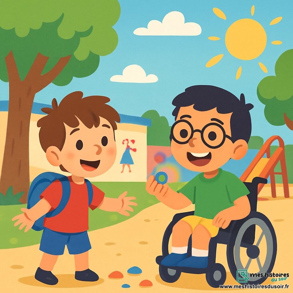 Il y a 2 personnages principaux : Tom, un garçon de 7 ans avec des cheveux bruns en bataille, portant un t-shirt rouge et un cartable bleu, qui est debout et souriant, et Sami, un garçon de 8 ans avec des cheveux noirs et des lunettes, assis dans un fauteuil roulant, portant un t-shirt vert et un short jaune, souriant avec un petit caillou coloré dans sa main. La scène se déroule dans une cour d'école ensoleillée, entourée d'arbres et d'un mur coloré avec des dessins d'enfants. Tom et Sami jouent ensemble, cherchant des cailloux amusants et partageant des histoires sous un ciel bleu avec des nuages blancs.