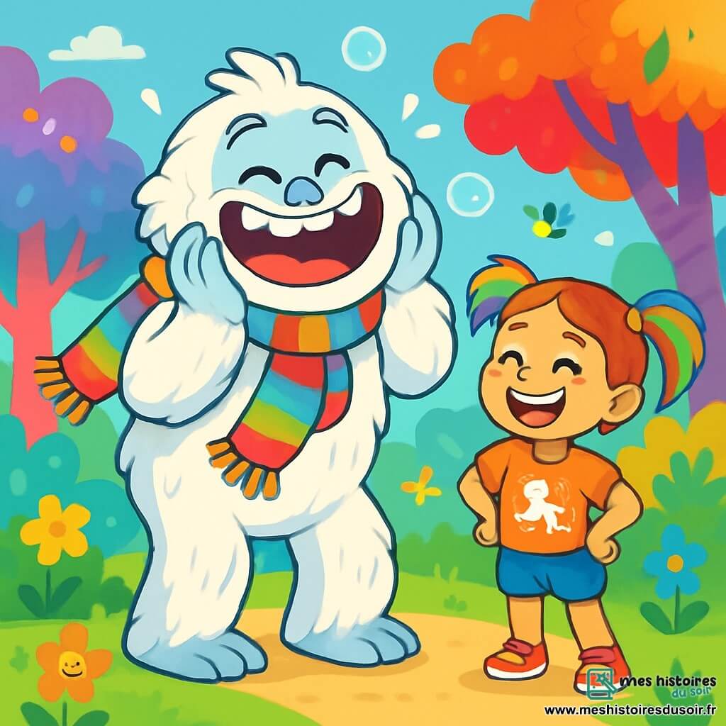 Un yéti géant nommé Groboul, avec une fourrure blanche et duveteuse, se tient au centre de la scène, riant de tout cœur avec un grand sourire. Il porte une écharpe multicolore à pompons et fait un spectacle de grimaces, entouré de bulles de rire. À sa droite, une petite fille nommée Zozo, âgée d'environ 8 ans, éclate de rire, captivée par les grimaces du yéti. En arrière-plan, la Forêt Arc-en-Ciel s’étend avec des arbres aux troncs en barbe à papa et des feuilles colorées, sous un ciel bleu pastel. Groboul divertit Zozo et d'autres enfants, tous riant ensemble dans une ambiance joyeuse et colorée.