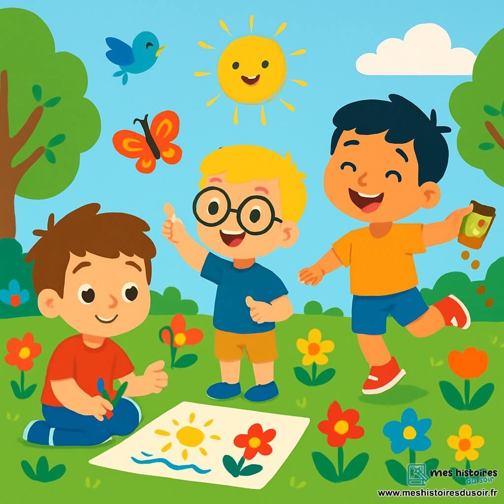 Trois garçons de 5 ans sont présents : Tom, avec des cheveux bruns en bataille et un t-shirt rouge, assis sur l'herbe avec des crayons de couleur ; Léo, aux cheveux blonds et lunettes rondes, debout à côté de Tom en pointant un papillon coloré ; et Max, aux cheveux noirs et souriant, sautant avec un seau de graines pour planter des fleurs. Ils se trouvent dans un jardin d'école fleuri, entouré d'arbres verdoyants et d'oiseaux chantants, sous un ciel bleu parsemé de nuages blancs. Les garçons préparent un grand dessin sur le sol, profitant du printemps.