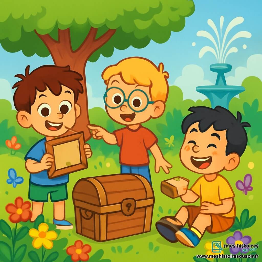 Trois garçons sont présents : Timothée, 8 ans, avec des cheveux bruns en bataille, un t-shirt bleu et un short vert, souriant en tenant un vieux cadre en bois ; Léo, 7 ans, avec des cheveux blonds et des lunettes rondes, vêtu d'un t-shirt rouge et d'un pantalon en jean, pointant vers un coffre en bois ; et Max, 8 ans, avec des cheveux noirs et des taches de rousseur, portant un t-shirt jaune et des shorts à rayures, assis sur l'herbe en riant avec un sandwich. Ils sont dans un jardin ensoleillé avec des fleurs colorées, un grand arbre et une fontaine scintillante. Les garçons découvrent le coffre, émerveillés, dans une atmosphère joyeuse, capturant l'esprit de la fête des pères.