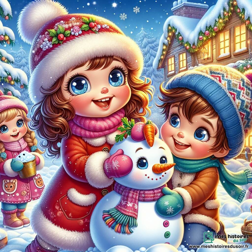 Au premier plan, Lila, une petite fille de 5 ans aux grands yeux et cheveux bouclés châtain, porte un manteau rouge, une écharpe douce et des gants colorés. Elle sourit en roulant une boule de neige pour un bonhomme de neige. À côté, Max, 6 ans avec des cheveux blonds et un bonnet bleu, place une carotte sur le bonhomme en riant. Un peu plus loin, Zoé, 5 ans avec des tresses brunes et un manteau rose, tient un seau de neige. Le décor est un village hivernal avec des maisons en bois, des sapins décorés et des flocons de neige tombant. La scène dégage joie et amitié dans une ambiance festive d'hiver.