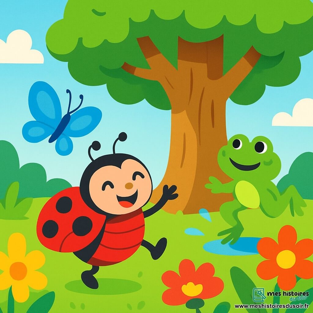 Lila, une coccinelle joyeuse au dos rouge vif parsemé de points noirs, danse autour d'un grand arbre magique, ses yeux pétillants de bonheur. À ses côtés, un papillon bleu aux ailes délicates vole avec grâce, illuminant le jardin. Une petite grenouille verte, aux yeux ronds et brillants, saute joyeusement près de l'arbre. La scène se déroule dans un jardin luxuriant rempli de fleurs colorées et d'un ciel bleu éclatant. Lila et ses amis chantent et jouent pour aider l'arbre, créant une atmosphère de joie et d'amitié.