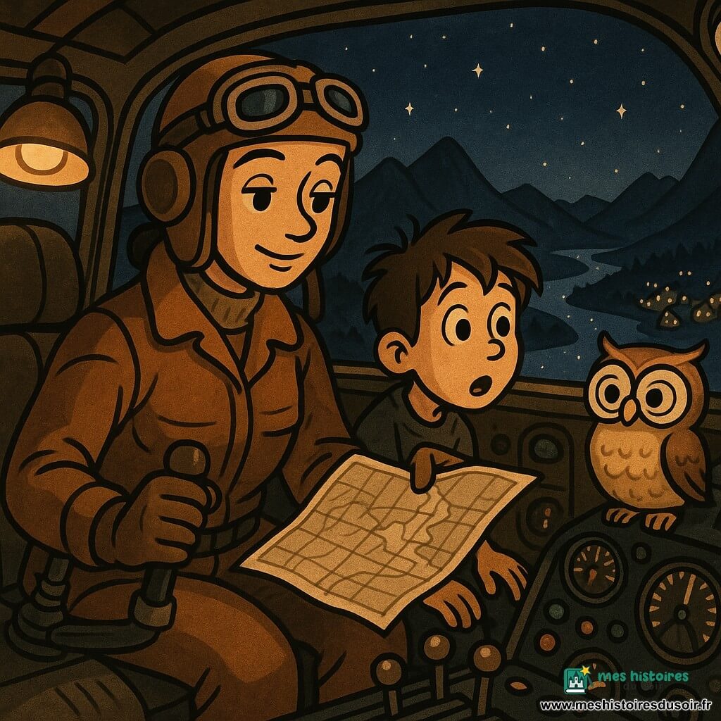 Femme pilote au visage doux et concentré, sourire calme, vêtue d’une veste marron et d’un casque beige, tenant le manche et montrant une carte pliée à Milo, garçon d’environ 11 ans aux cheveux bruns en bataille, yeux écarquillés et bouche entrouverte, assis à côté d’elle et regardant la grande verrière; un petit hibou stylisé perché sur le tableau de bord l’observe comme un contrôleur bienveillant; cockpit rétro et chaleureux avec panneaux noirs, boutons colorés, cadrans analogiques, leviers métalliques polis et lampe jaune douce; vue nocturne par la verrière sur montagnes sombres, village lumineux et rivière argentée reflétant les étoiles; ambiance graphique aux intérieurs ocres, bruns et jaunes contrastant avec bleus profonds et violets du ciel, lignes courbes et silhouettes style rubber hose; scène calme et pédagogique où la pilote explique la carte et la check-list pendant le vol.