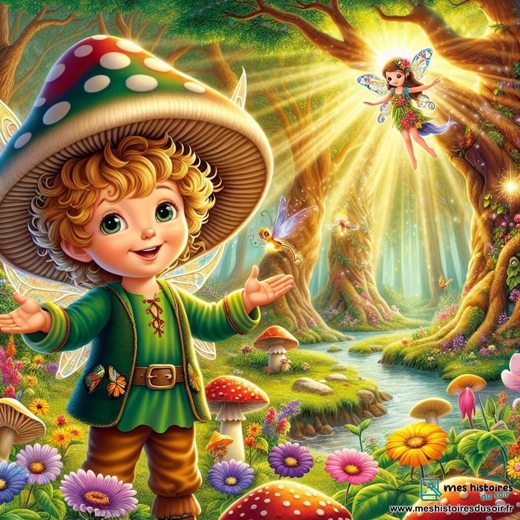 Taran, un petit homme aux cheveux dorés et aux yeux pétillants, se tient au centre de la scène, souriant et les bras ouverts, comme s'il accueillait la magie du monde. Il porte un chapeau en forme de champignon et une tunique colorée, entouré de fleurs éclatantes. À sa droite, Lila, la fée des bois, vole joyeusement, riant et lançant des étincelles de magie, ajoutant une touche amicale à l'atmosphère. Le décor est une forêt enchantée avec de grands arbres, des rayons de soleil illuminant le sol fleuri et un ruisseau scintillant. Taran apaise un grand nuage sombre au-dessus de la forêt, levant les bras avec courage, tandis que les animaux l'observent avec admiration et que le nuage se dissipe, laissant place à une douce pluie bienfaisante.