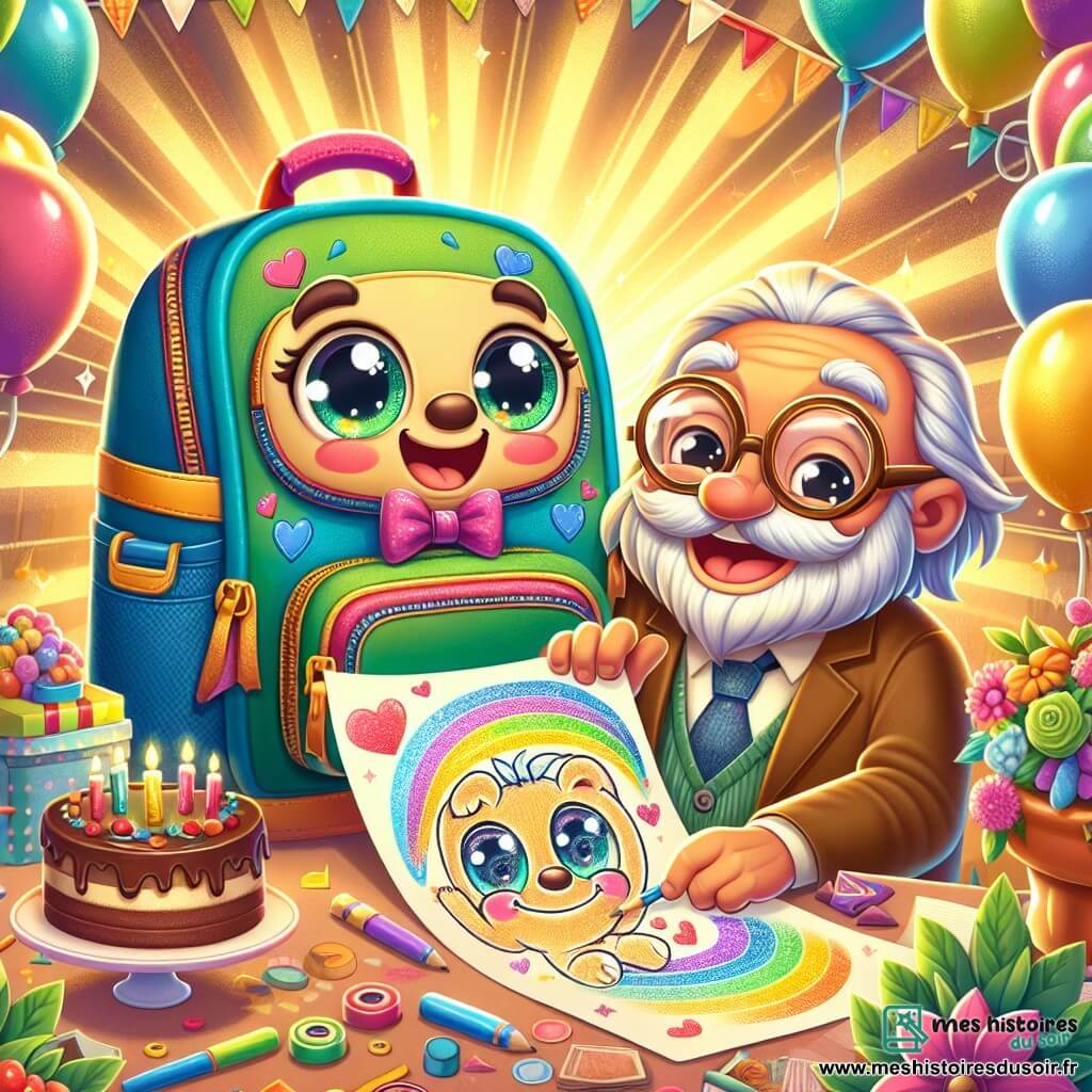 Un petit sac à dos joyeux nommé Bobo, aux couleurs vives et aux yeux pétillants, est au centre de l'image, souriant fièrement avec un grand dessin coloré dans ses mains. À côté de lui se trouve son papa, un vieux livre avec une couverture en cuir et des lunettes rondes, souriant en admirant le dessin de son fils. En arrière-plan, une table décorée de fleurs colorées et d'un gâteau au chocolat avec des bougies scintillantes est baignée de rayons de soleil dorés. Bobo et son papa célèbrent la fête des pères dans une atmosphère festive et chaleureuse, remplie d'amour et de joie.
