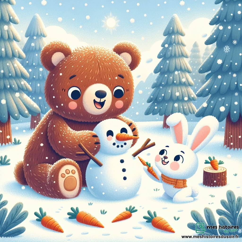 Un grand ours brun nommé Bobo roule dans la neige fraîche, riant aux éclats. À côté de lui, un petit lapin blanc nommé Titi saute de bonheur en tenant une carotte pour le nez d’un bonhomme de neige. La scène se déroule dans une forêt enchantée, avec des arbres recouverts de neige scintillante et un ciel bleu clair parsemé de flocons. Bobo et Titi construisent un bonhomme de neige, ajoutant des bras en branches et un chapeau en feuilles, tout en s’amusant dans une ambiance hivernale joyeuse.