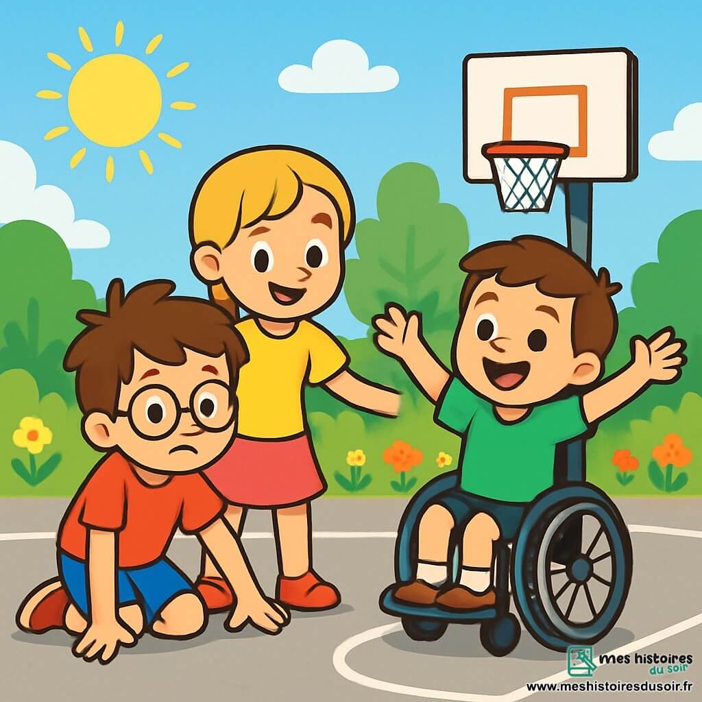 Il y a trois personnages : Lucas, un garçon de 8 ans aux cheveux bruns en bataille et lunettes rondes, portant un t-shirt rouge et un short bleu, se relève après une chute. Emma, une fille de 7 ans avec des cheveux blonds tressés et un grand sourire, porte un t-shirt jaune et une jupe rose, et encourage Lucas avec une main sur son épaule. Max, un garçon de 9 ans aux cheveux châtains, souriant, est dans son fauteuil roulant, vêtu d'un t-shirt vert et d'un short noir, levant les bras en signe de soutien. L'action se déroule sur un terrain de basketball en plein air, entouré d'arbres et de fleurs, sous un ciel bleu et ensoleillé. Lucas tombe mais se relève avec l'aide de ses amis, créant une atmosphère de camaraderie et d'énergie positive.