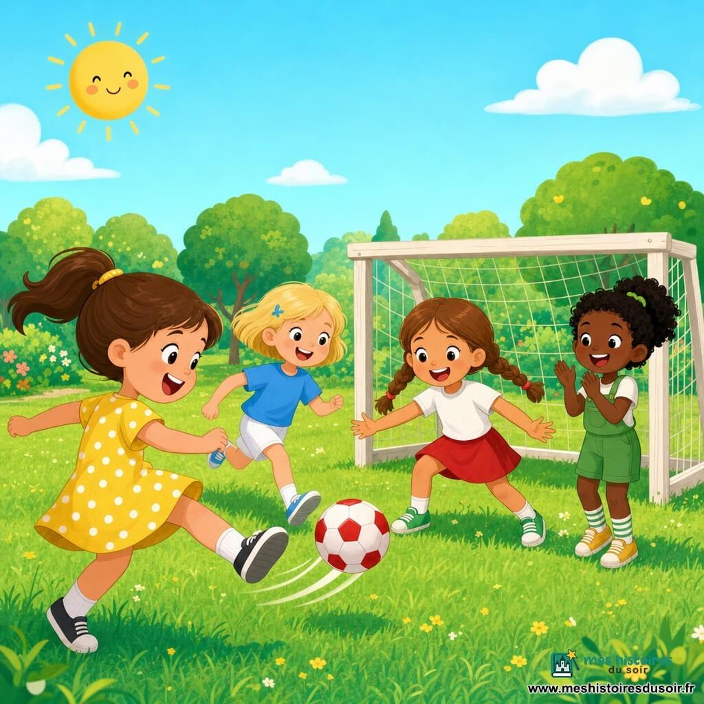 Quatre filles de 6 ans jouent au football dans un parc ensoleillé : Léa (cheveux bruns en queue de cheval, robe jaune à pois) frappe le ballon à gauche, Emma (cheveux blonds courts, t-shirt bleu, short blanc) court vers le ballon au centre gauche, Zoé (nattes châtain clair, jupe rouge, baskets vertes) bloque le ballon devant le but au centre droit et Mia (cheveux noirs bouclés, salopette verte, chaussettes rayées) sourit et applaudit derrière elle ; pelouse verte avec petites fleurs, petit but en bois peint en blanc, ballon rond rouge et blanc, ambiance joyeuse et couleurs vives.