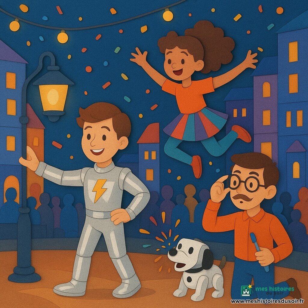 Un jeune homme, Megawatt Max, souriant et confiant, porte une combinaison argentée brillante. Il tend la main vers un lampadaire, d'où jaillit une douce lumière électrique. À côté de lui, une fille de 12 ans, Zoé, aux cheveux bouclés et vêtue d'une tenue colorée, exécute un saut acrobatique avec grâce. Un garçon de 11 ans, Léo, avec une moustache dessinée en crayons, ajuste ses lunettes spéciales tout en tenant un tournevis. Un petit robot-chien, Pupa, éternue des étincelles joyeuses. La scène se déroule sur une place animée de Néonbourg, avec des immeubles aux façades multicolores et des lampions clignotants suspendus dans le ciel. L'équipe répare une machine géante, entourée de spectateurs émerveillés, sous un ciel étoilé de confettis lumineux.