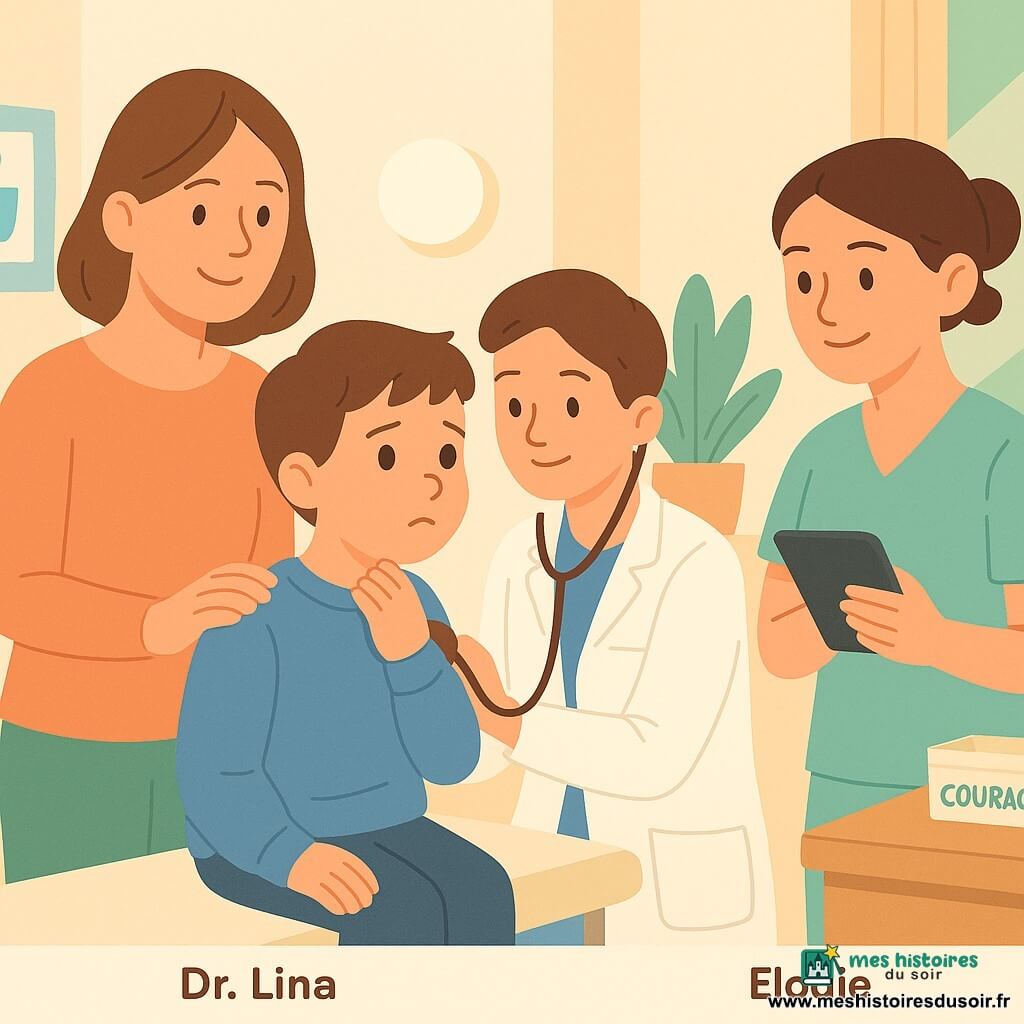 Docteure Lina, médecin souriante aux cheveux bruns en chignon et blouse blanche, penchée vers un garçon nommé Sami assis sur la table d’examen, lui pose un stéthoscope dans le dos avec calme et bienveillance; l’assistante Élodie, jeune, cheveux attachés et tenue pastel, prend des notes sur une tablette à droite en souriant, la mère se tient derrière Sami la main sur son épaule, visage soulagé; cabinet médical chaleureux aux murs crème avec affiches d’hygiène, lampe diffuse, plante près de la fenêtre, boîte d’autocollants « courage » et matériel médical rangé; atmosphère calme, palette pastel, silhouettes simples et formes arrondies.